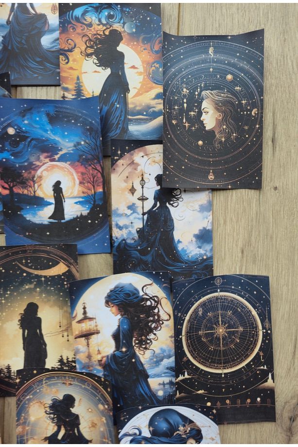 15 Adet Siyah Gece Kadın Ay Temalı Scrapbook Kağıt Seti Bullet Journal Dekupaj Kağıdı - 3