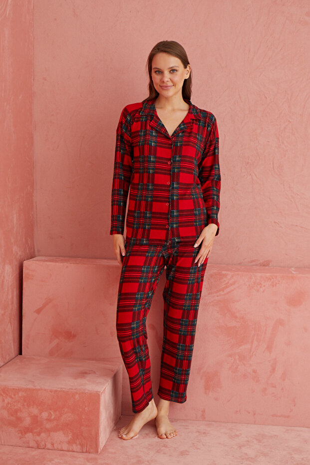 Kırmızı Ekose Desenli Önden Düğmeli Süet Pijama Takım - 2