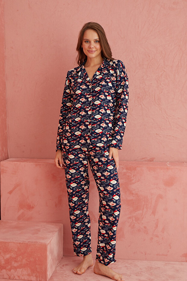 Lacivert Yılbaşı Desenli Önden Düğmeli Süet Pijama Takım - 2