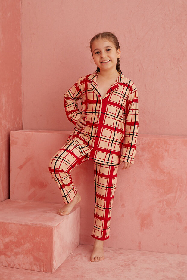 Somon-Kırmızı Ekose Desenli Önden Düğmeli Süet Pijama Takım - 3