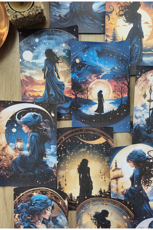 15 Adet Siyah Gece Kadın Ay Temalı Scrapbook Kağıt Seti Bullet Journal Dekupaj Kağıdı - 4
