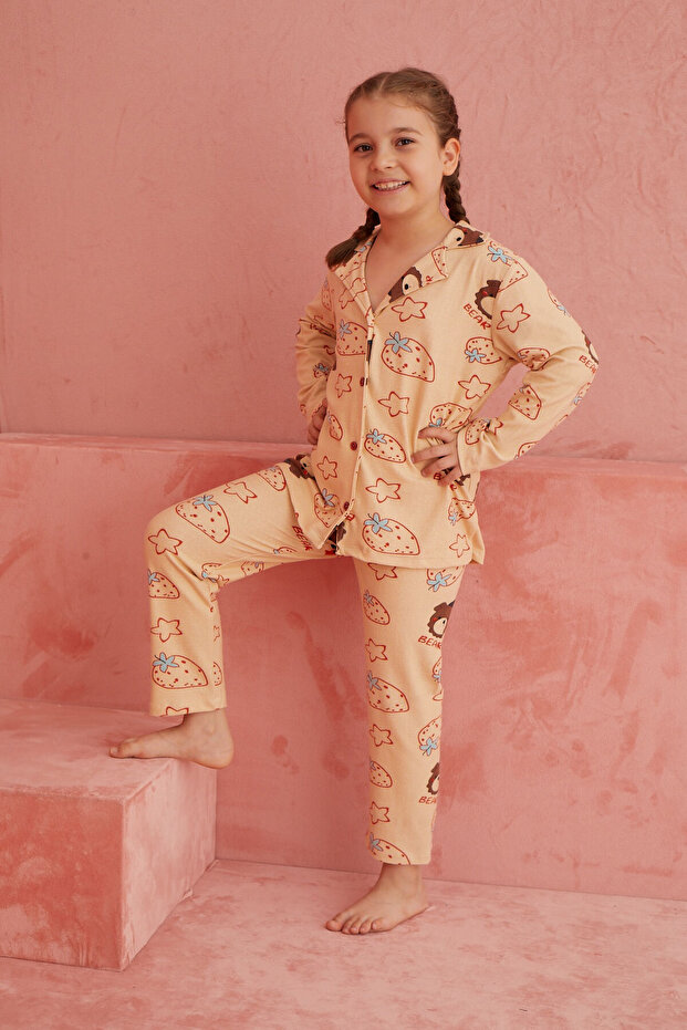 Salmon Bear Patterned Front Buttoned Suede Pajama Set - 3