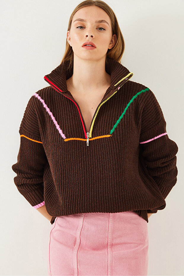 Kadın Fermuarlı Triko Kazak 20247509 - 3