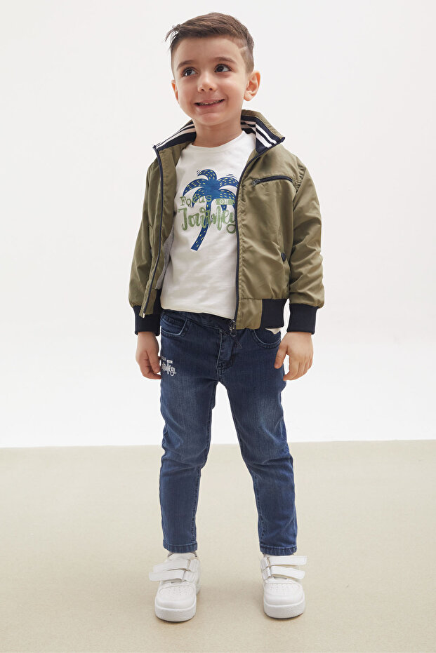 Khaki Palm Printed T-Shirt Boy's 3-Piece Set with Jacket 17699