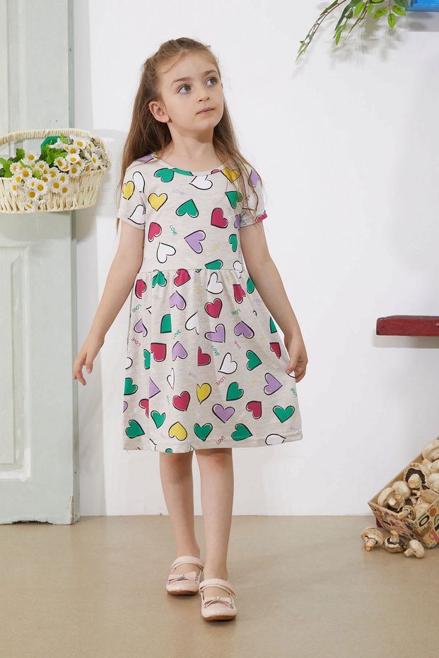 Cream Heart Printed Short Sleeve Girls' Dress 18782
