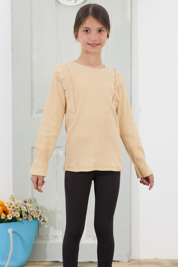 Cream Omzu Ruffled Ribbed Girls' Long Sleeve Badi 18756