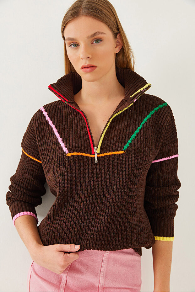 Kadın Fermuarlı Triko Kazak 20247509 - 1