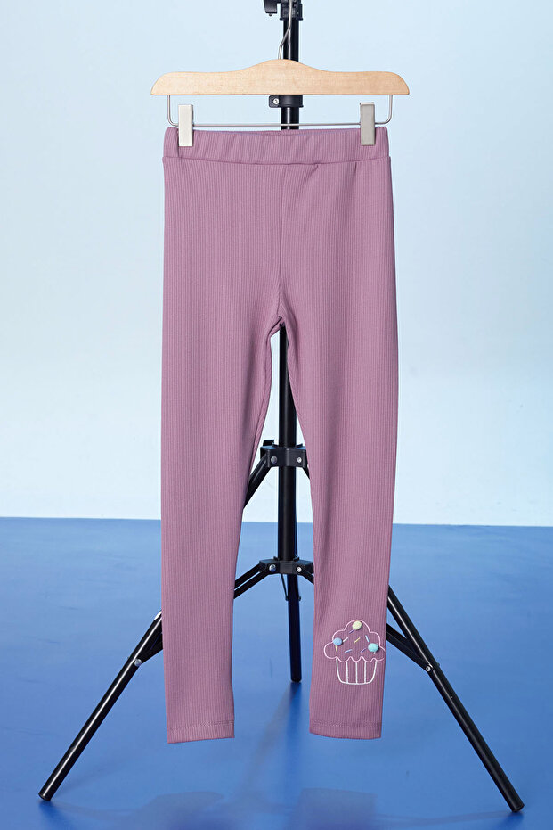 Dried Rose Cupcake Embroidered Ribbed Girl's Tights 18277