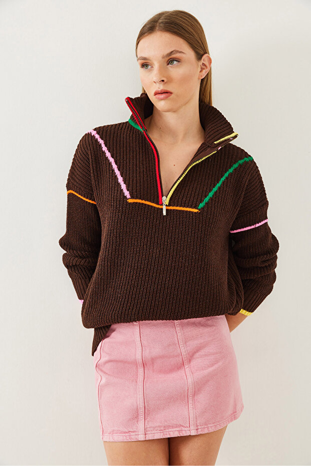 Kadın Fermuarlı Triko Kazak 20247509 - 4