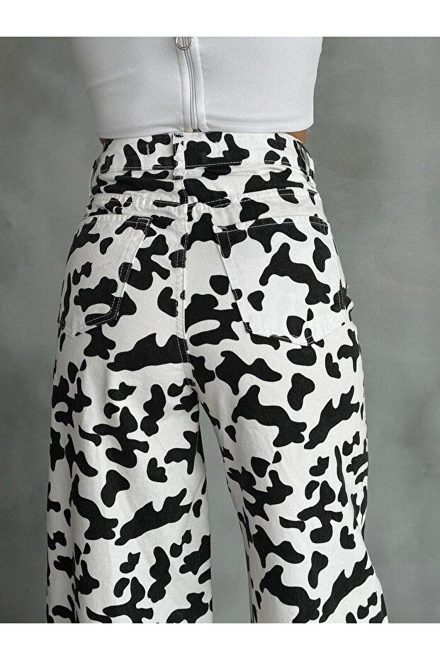 ZEO بنطال فضفاض أساسي - نمط بقرة أبيض وأسود - 1