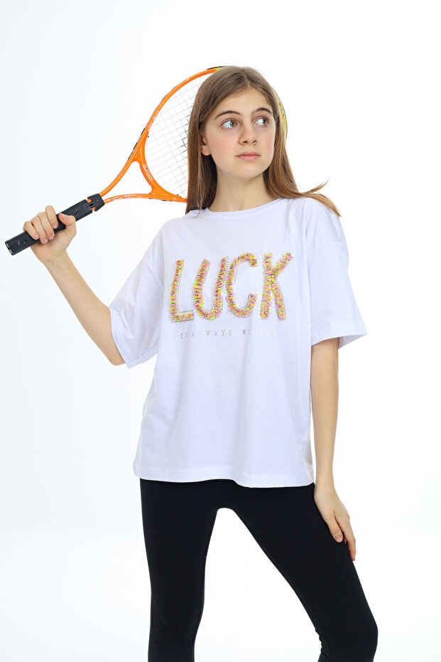 White Luck Printed Crew Neck Girl's T-Shirt 17804