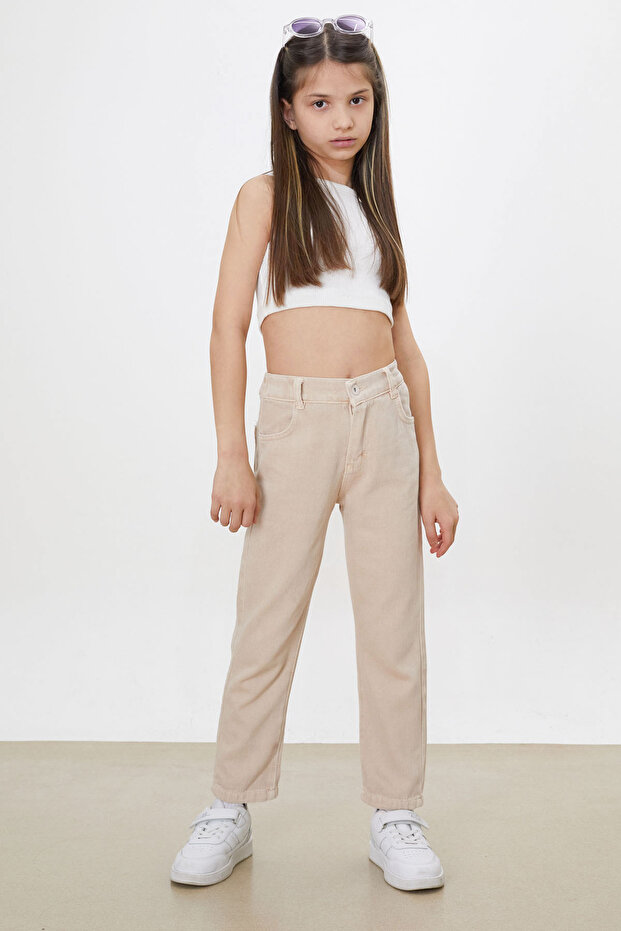 Cream Elastic Waist Mom Jean Girl's Pants 18485