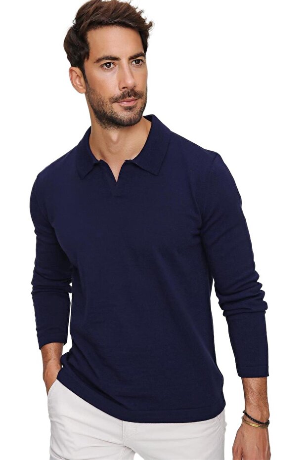 Men's Navy Blue Reddington Polo Collar Long Sleeve Thin Knitwear Sweater 22w403