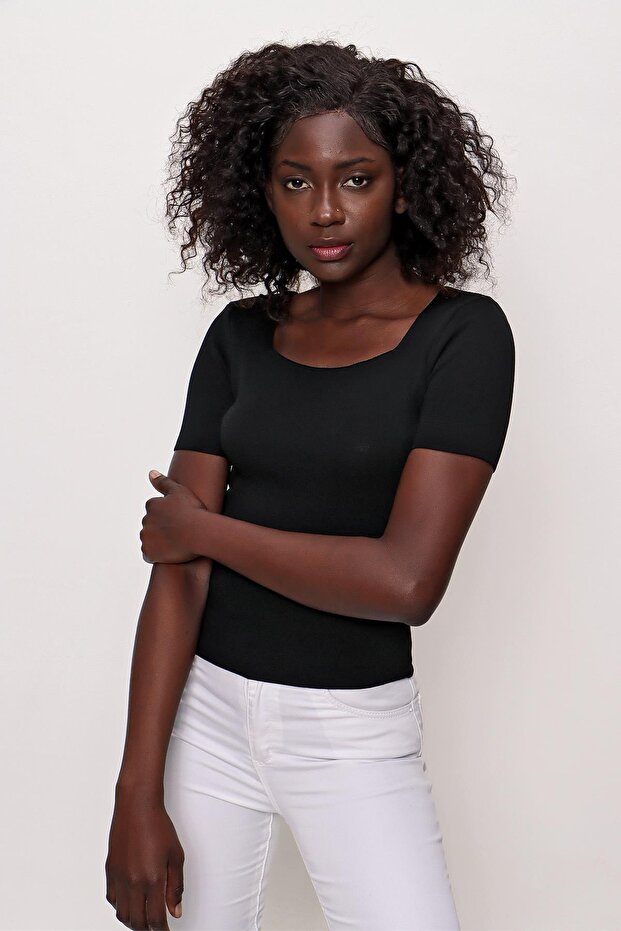Women's Square Collar Short Sleeve Thin Knitwear Sweater Black 22sw314