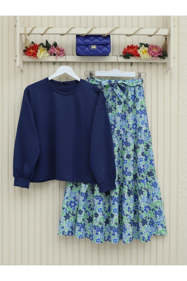 بدلة مزدوجة بحزام منقوشة بالزهور - 2