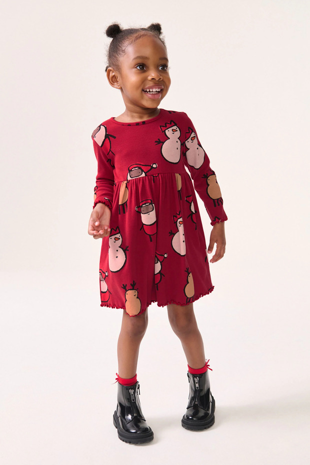 100% Organic Cotton Red Short Sleeve Denim Animal Printed Girl's Christmas Dress Aly 429548