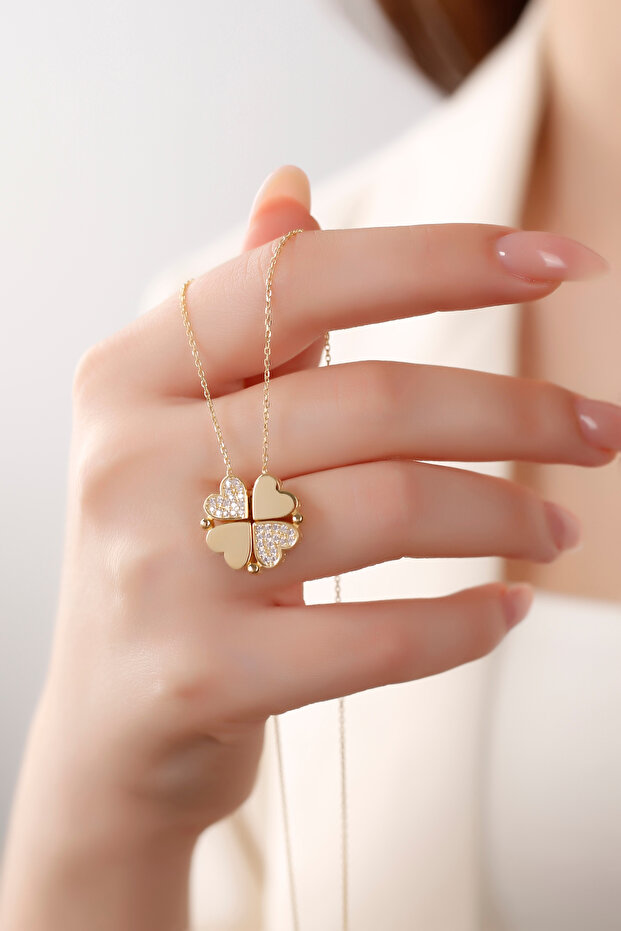 925 Ayar Gümüş Mıknatıslı Açılan Yonca Kolye 14 Ayar Altın Suyu - 1