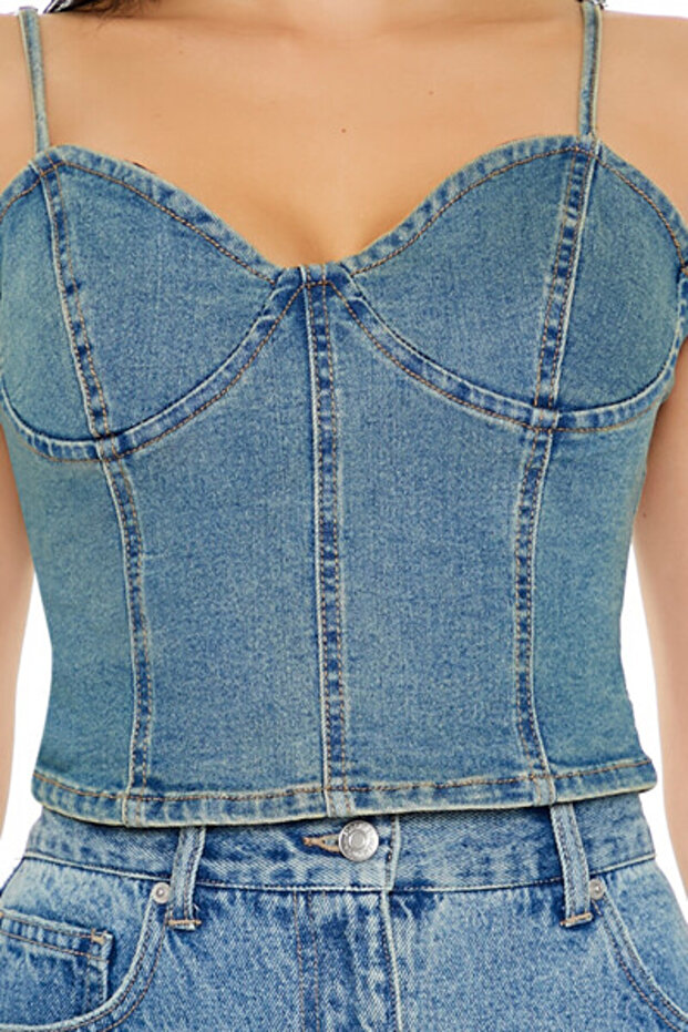 Denim Kalp Yaka Askılı Üst - 5