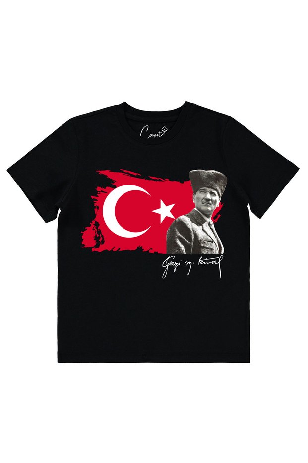 Zero Collar Short Sleeve Moon-Star Gazi M.Kemal Ataturk Printed Cotton/Black Children's T-Shirt