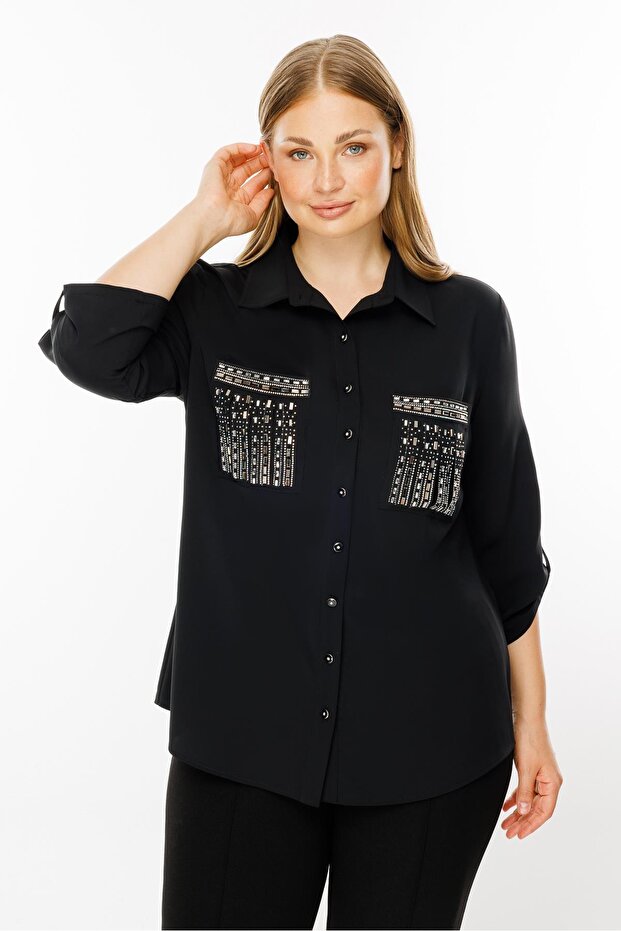 Modailgi Cepleri Taşlı Gömlek Siyah - 3