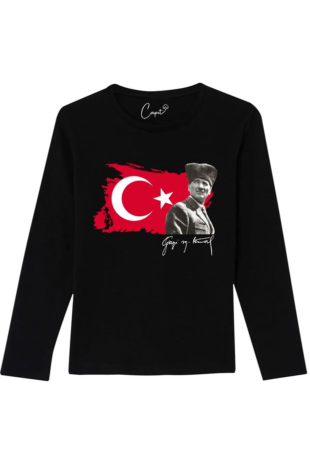 Zero Collar Long Sleeve Moon-Star Gazi M.Kemal Atatürk Printed Cotton/Black Children's T-Shirt