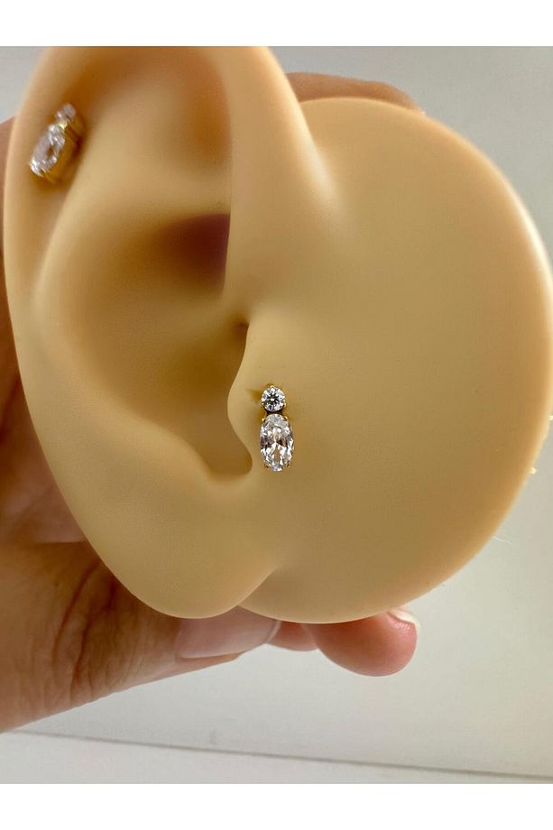 1 adet G23 TİTANİUM ( titanyum) zirkon taşlı tragus kıkırdak  conch flat  helix lobe uyumlu piercing - 3