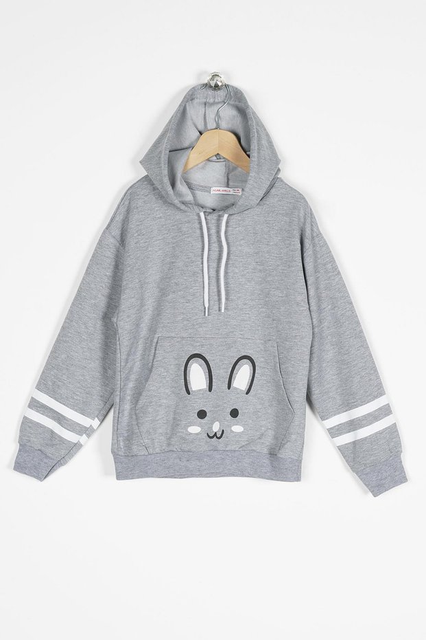Hooded Long Sleeve Gray Color Girl's Sweatshirt