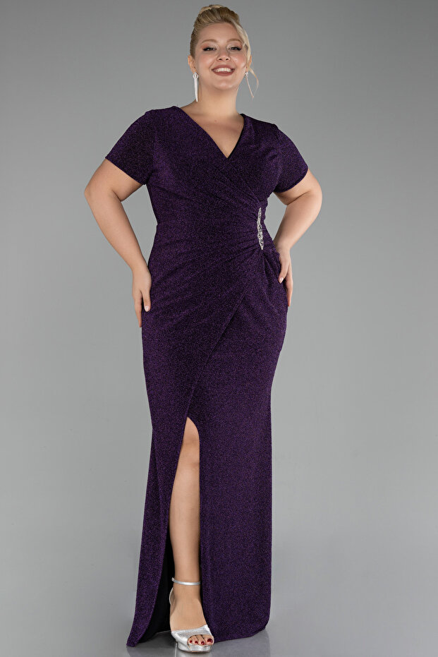 Purple Short Sleeve Glitter Long Plus Size Evening Dress Abu39892