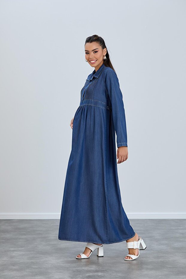 Pregnant Pregnant Denim Dress with Button Polo Neck Breastfeeding
