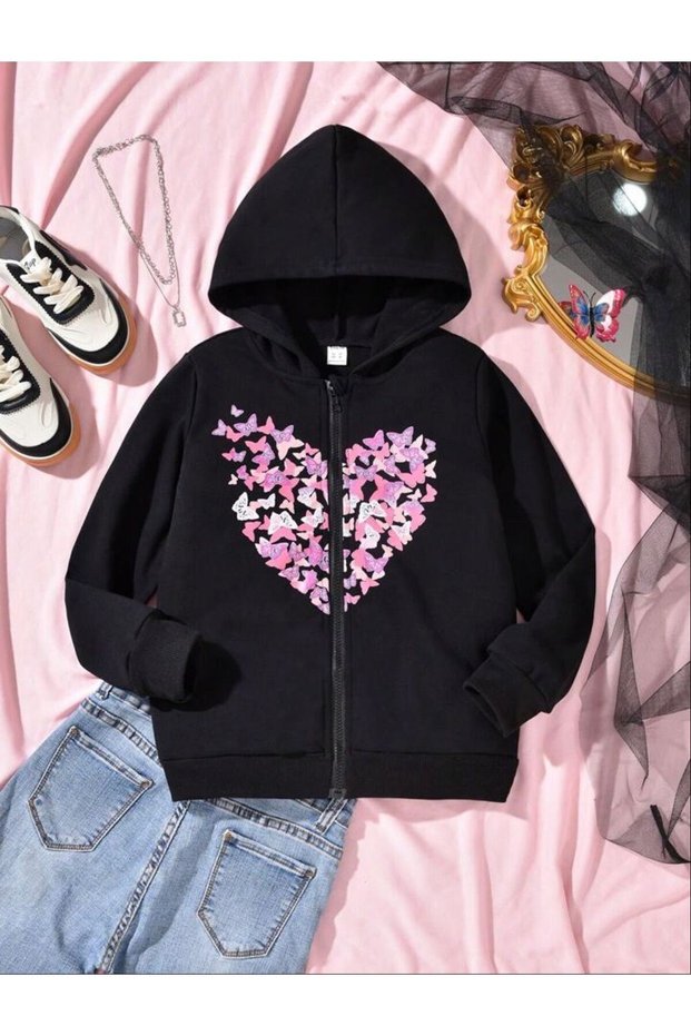 Heart Butterflies Cotton Kids Zip Cardigan - Black Printed Girls Boys Winter Hoodie