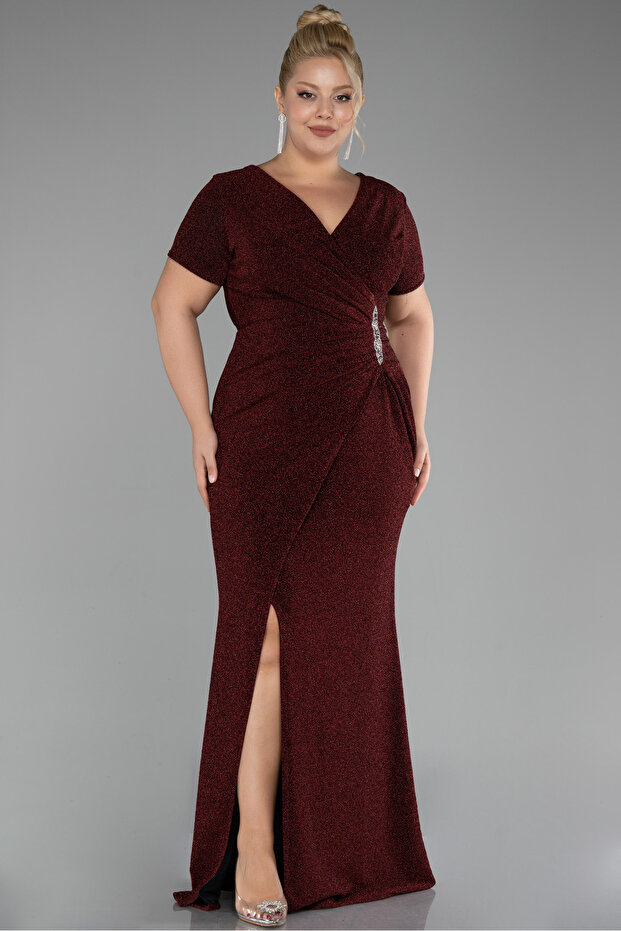 Burgundy Short Sleeve Glitter Long Plus Size Evening Dress Abu39892