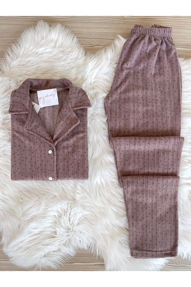 Mink Polka Dot Patterned Front Buttoned Fleece Pajama Set