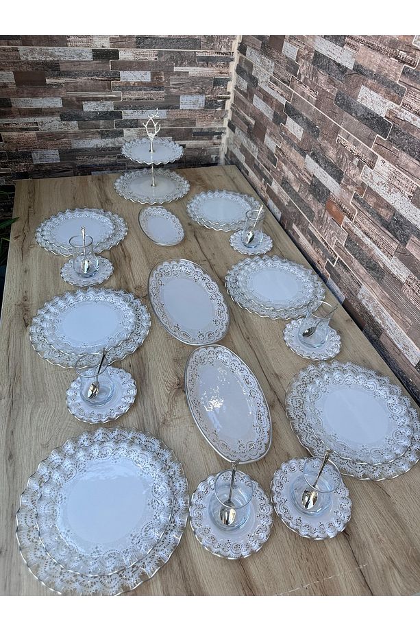 34 PARÇA lüks 6 kişilik dantelli cam kahvaltı seti - 2