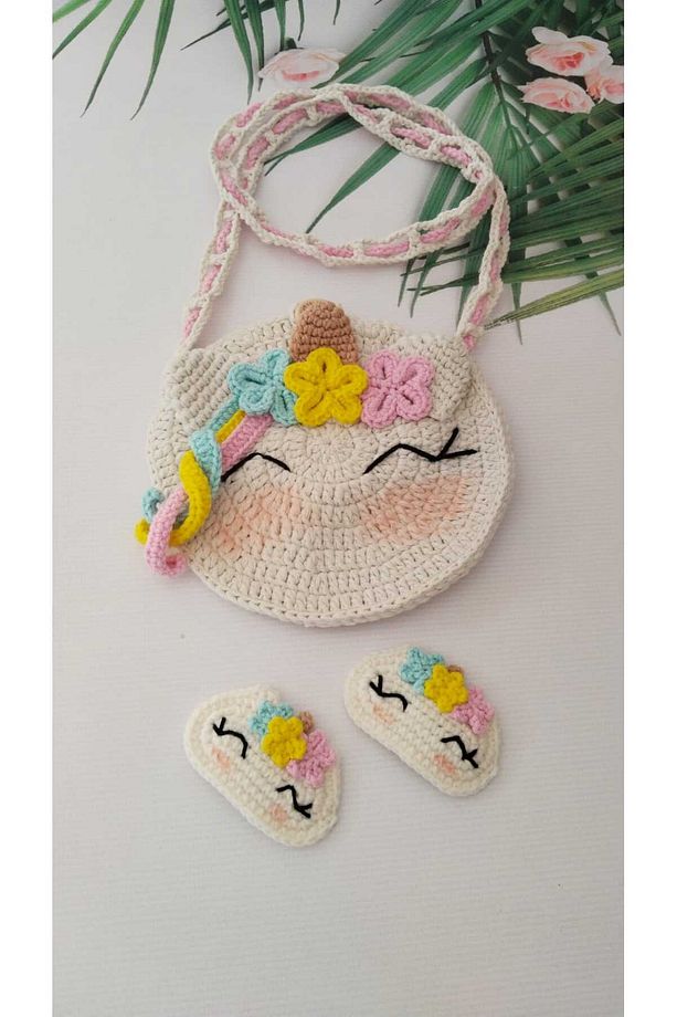 Çanta Unicorn Örgü Çanta VE 2 'li Çıt Çıt Toka Set - 1