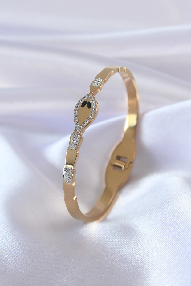 316L Steel Gold Color Snake Model Zircon Stone Detail Women's Handcuffs Tj-Bb5054