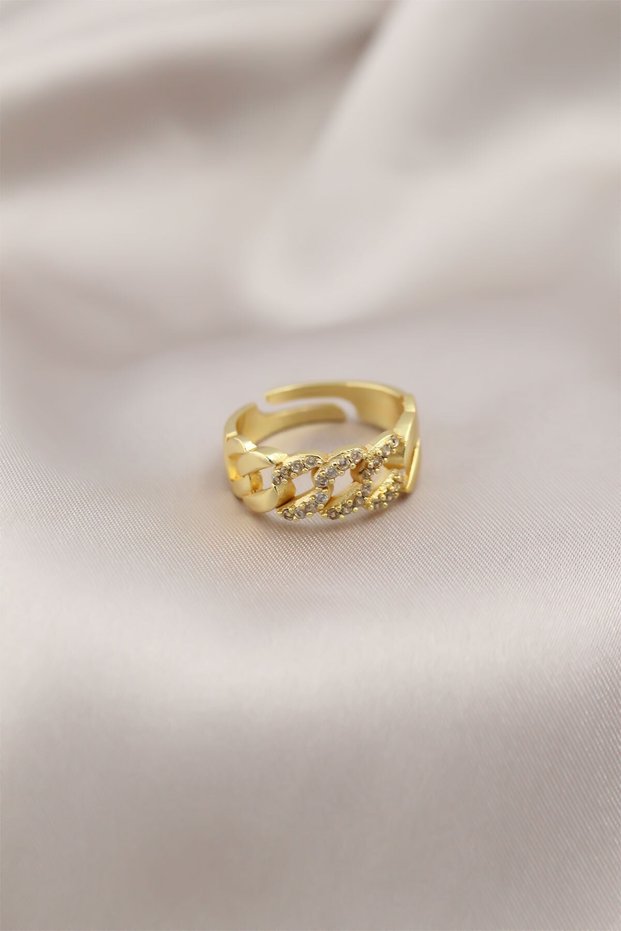 Gold Color Metal Chain Model Stone-Embellished Women's Ring - Tj-Byk2201