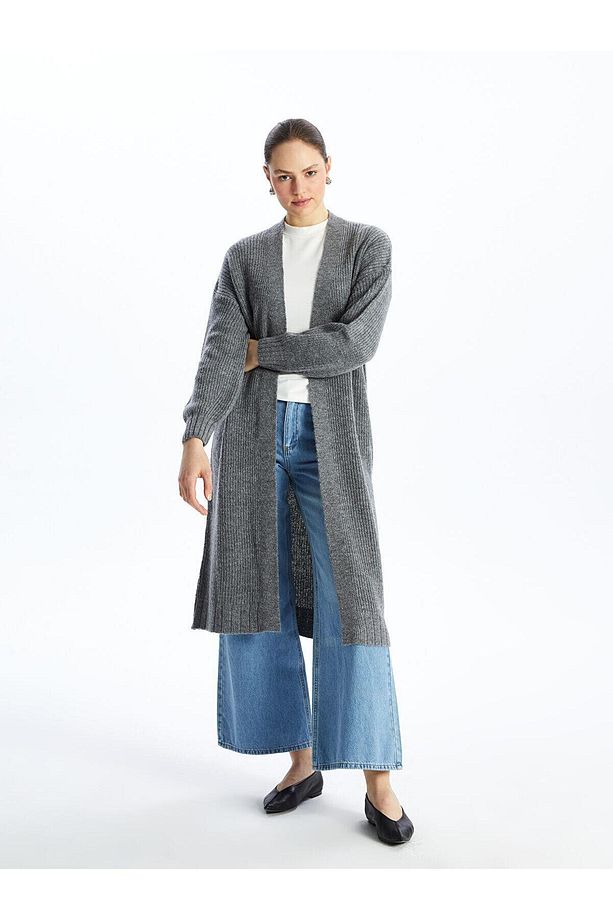 LCW Modest Şal Yaka Düz Uzun Kollu Oversize Kadın Triko Hırka - 2