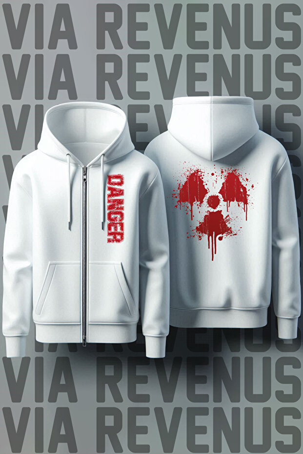 Danger Front and Back Printed Unisex Zippered Hooded White Sweatshirt Cardigan