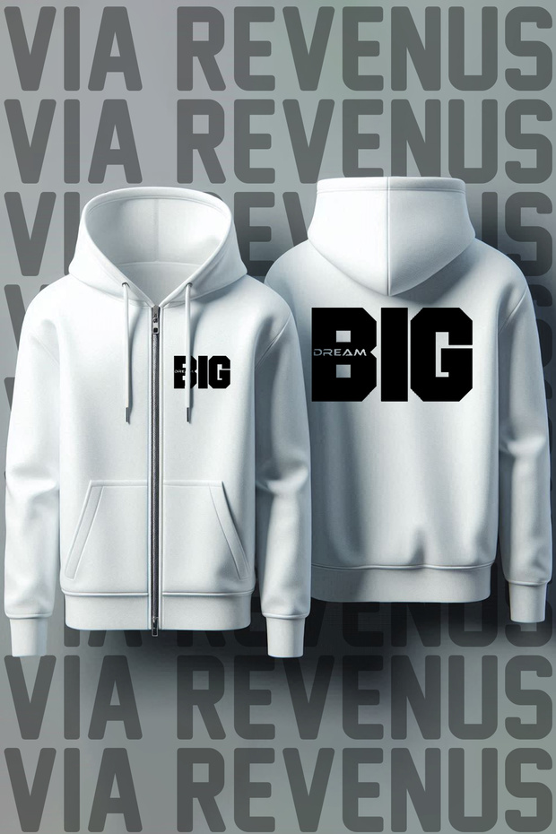 Dream Big Front and Back Printed Unisex Zippered Hooded White Sweatshirt Cardigan