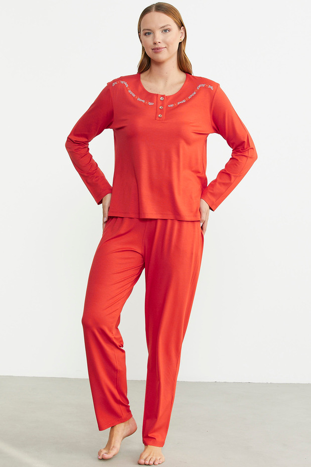Zero Collar Buttoned Pajama Set - Coral - 4