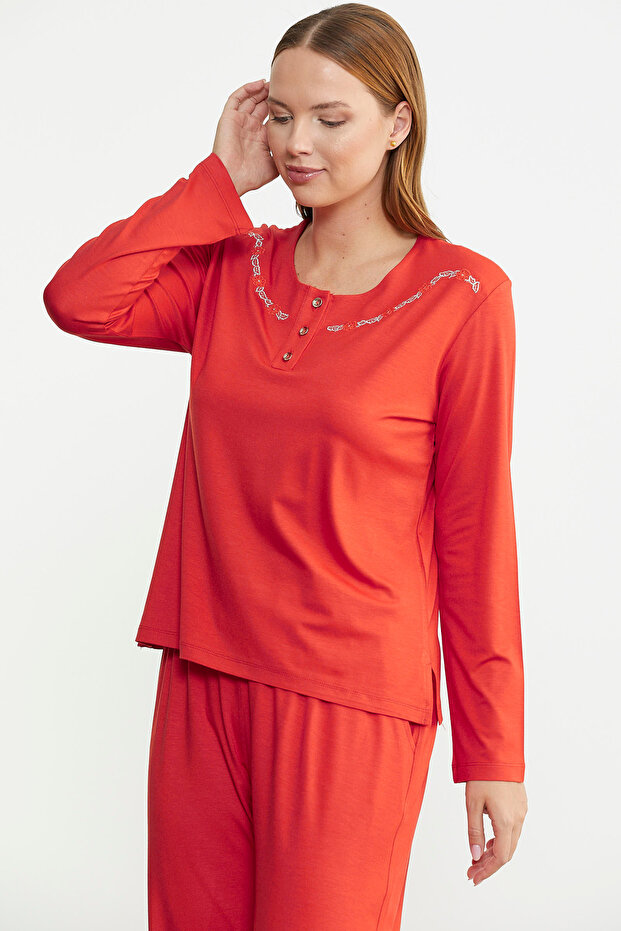 Zero Collar Buttoned Pajama Set - Coral - 3