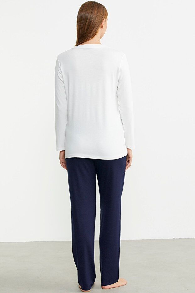 Patchwork Buttoned Pattern Combination Pajama Set - Navy Blue - 6