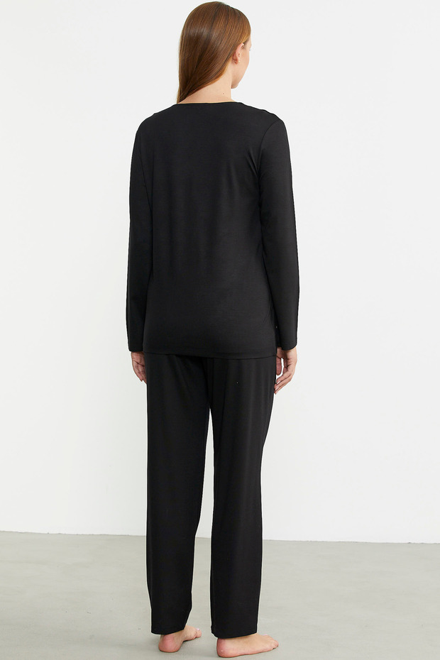 Front Buttoned Comfortable Fit Pajama Set - Black - 6