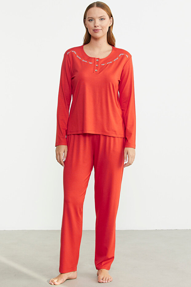 Zero Collar Buttoned Pajama Set - Coral - 1