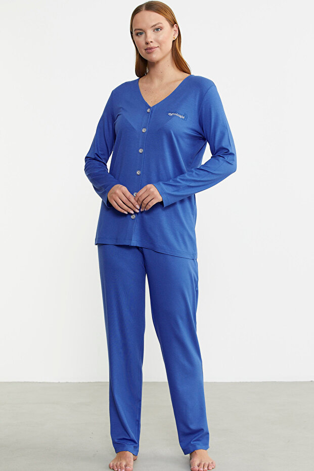طقم بيجامة ساكس مريحة بأزرار أمامية - 1
