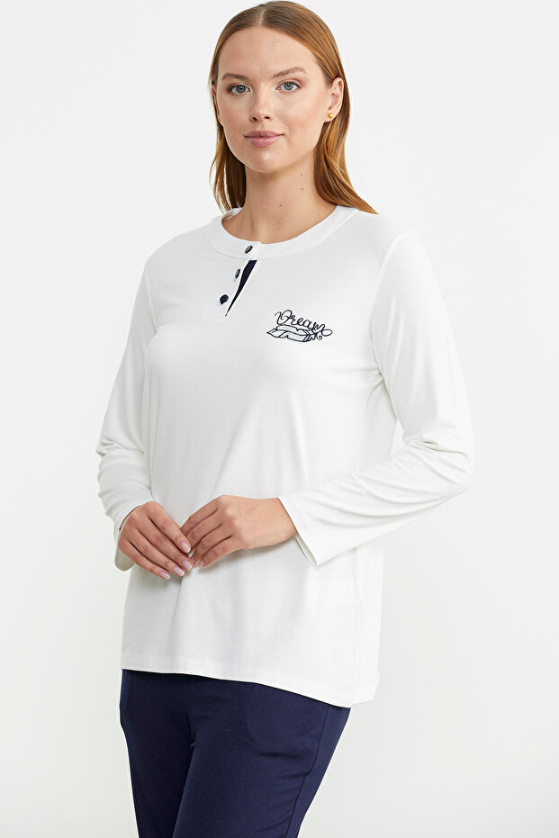 Patchwork Buttoned Pattern Combination Pajama Set - Navy Blue - 3