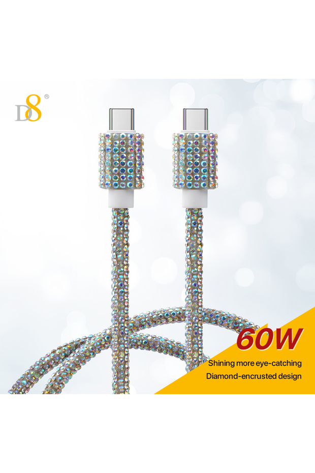 كابل USB C إلى USB C بطول 1 متر TC-0435 D8 بقوة 60 واط للشحن السريع، مزين بالكريستال، لامع براق، متوافق