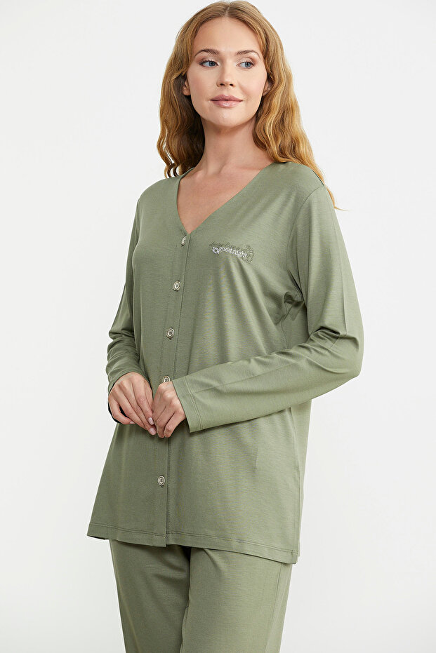 طقم بيجامة مريح باللون الأخضر - بأزرار أمامية - 4