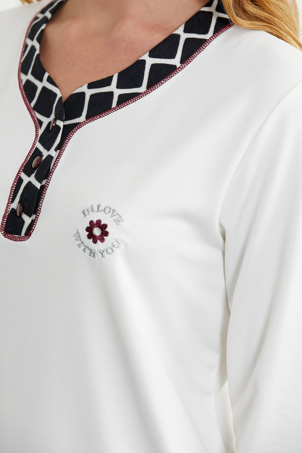Kareli Çift Renk Pijama Takım - Ekru - 5