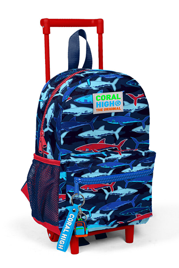 Little Nest Squeegee Backpack Navy Blue Red Shark Patterned Two Compartments 24016